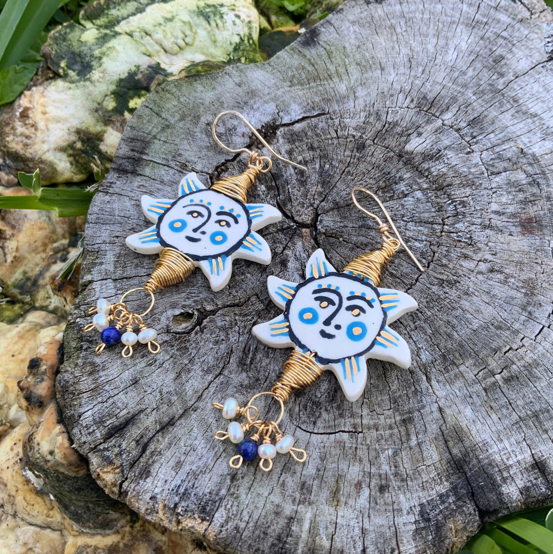 Folk art sun and freshwater pearl cluster earrings