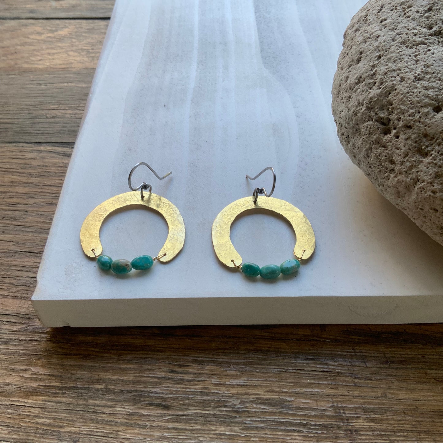 Hammered Raw Brass Arch and genuine turquoise earrings
