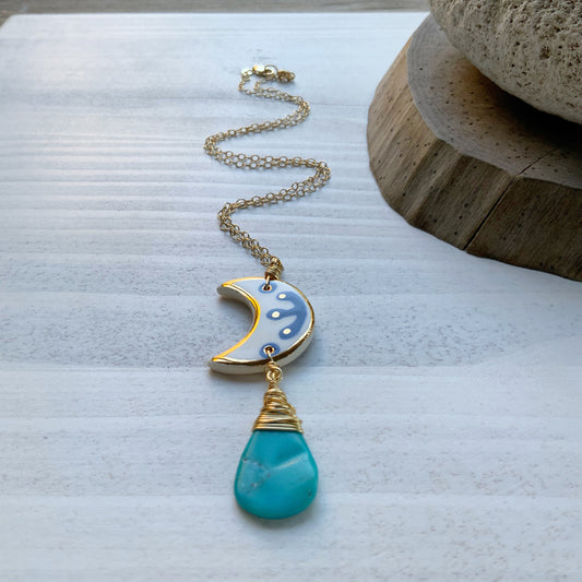 Ceramic Moon and genuine turquoise Charm Necklace