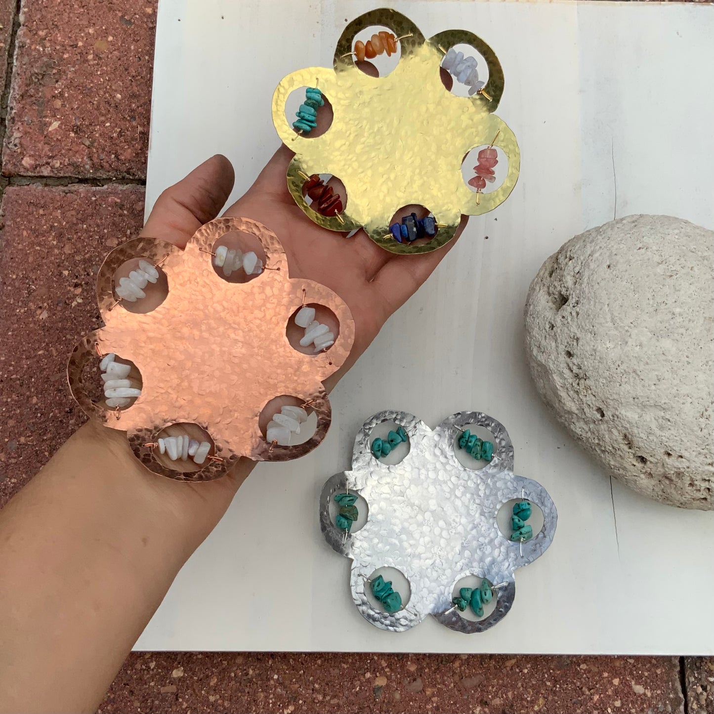 Rustic brass and semiprecious gemstone ring dish