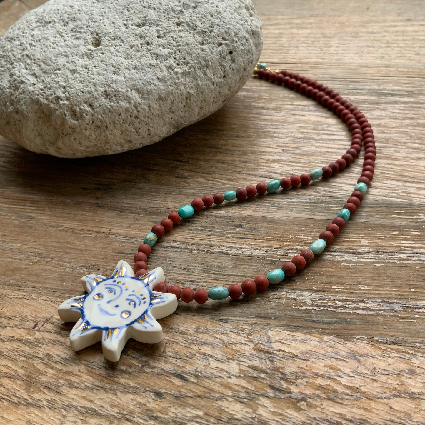Ceramic sun and matte red jasper necklace