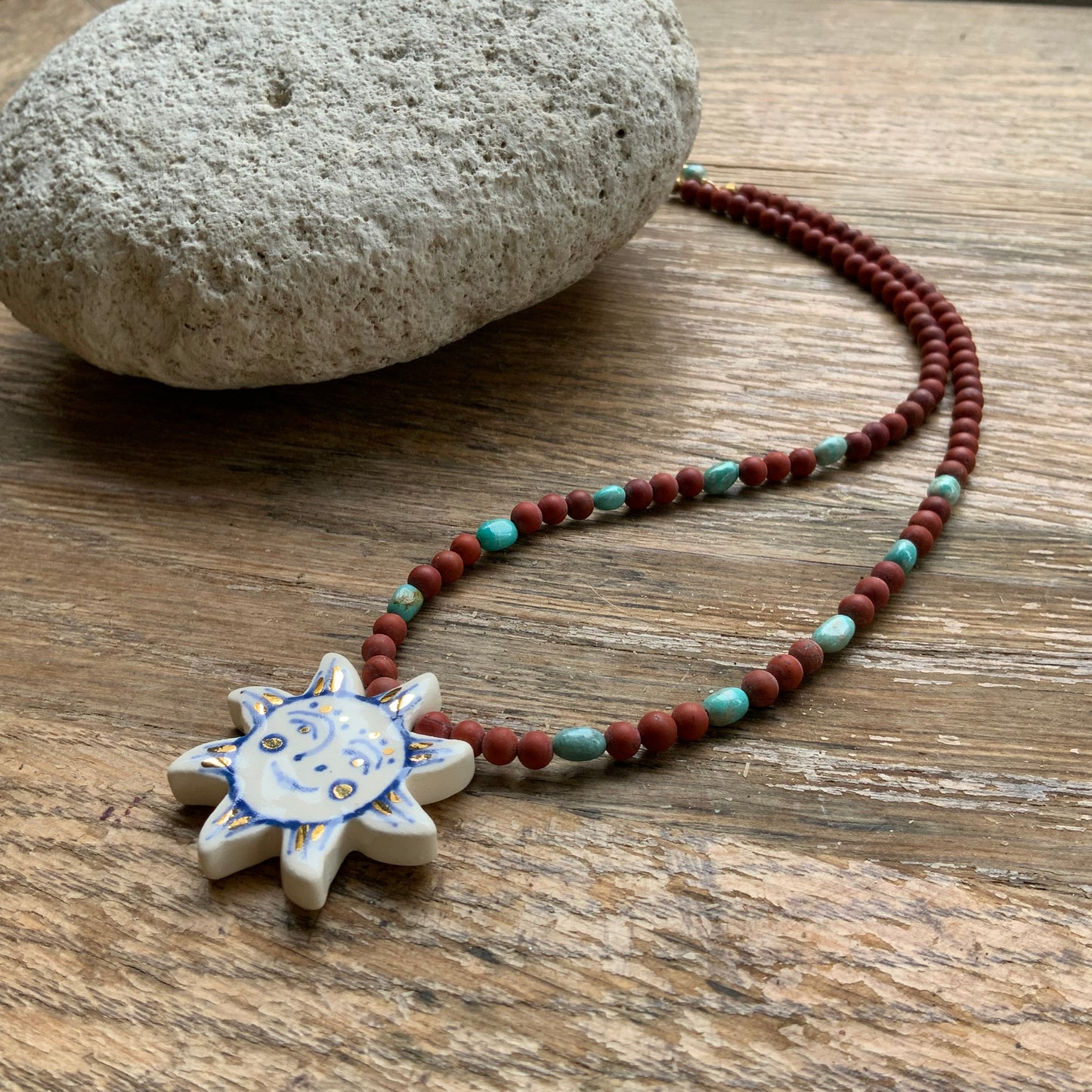 Ceramic sun and matte red jasper necklace