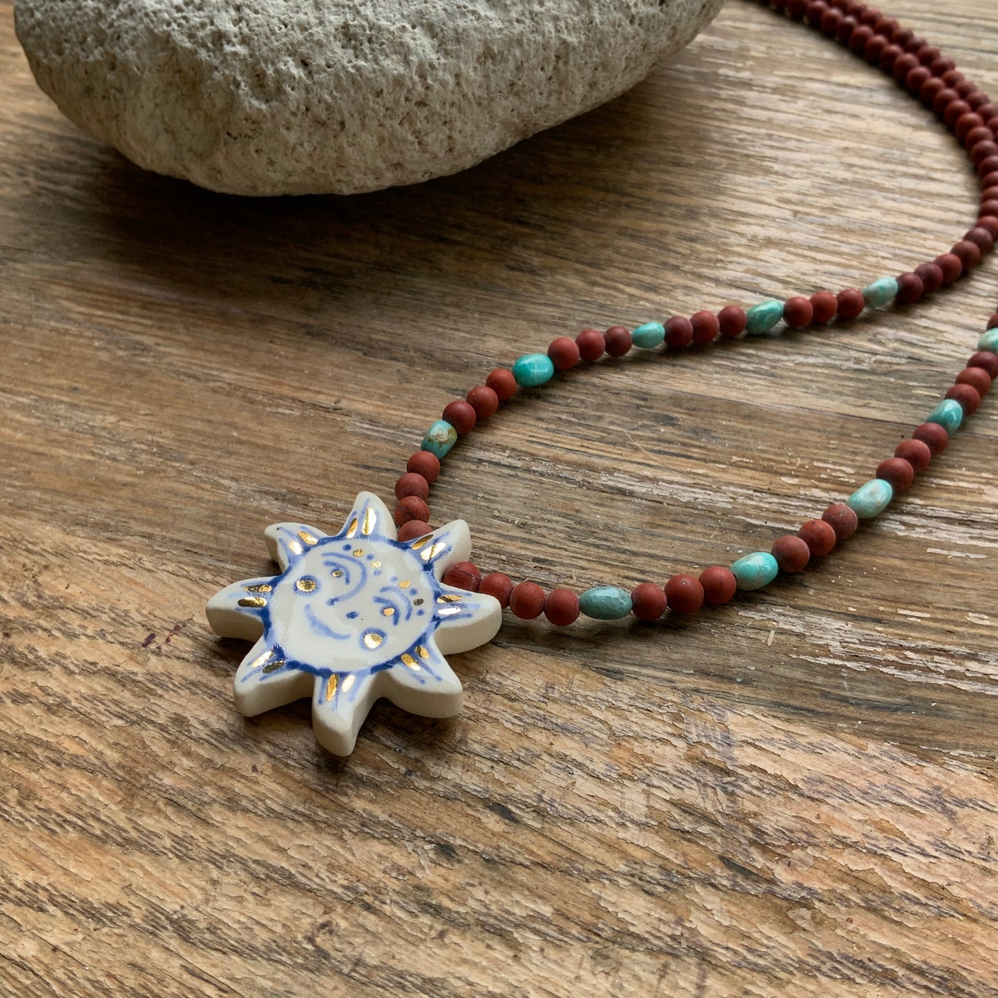 Ceramic sun and matte red jasper necklace