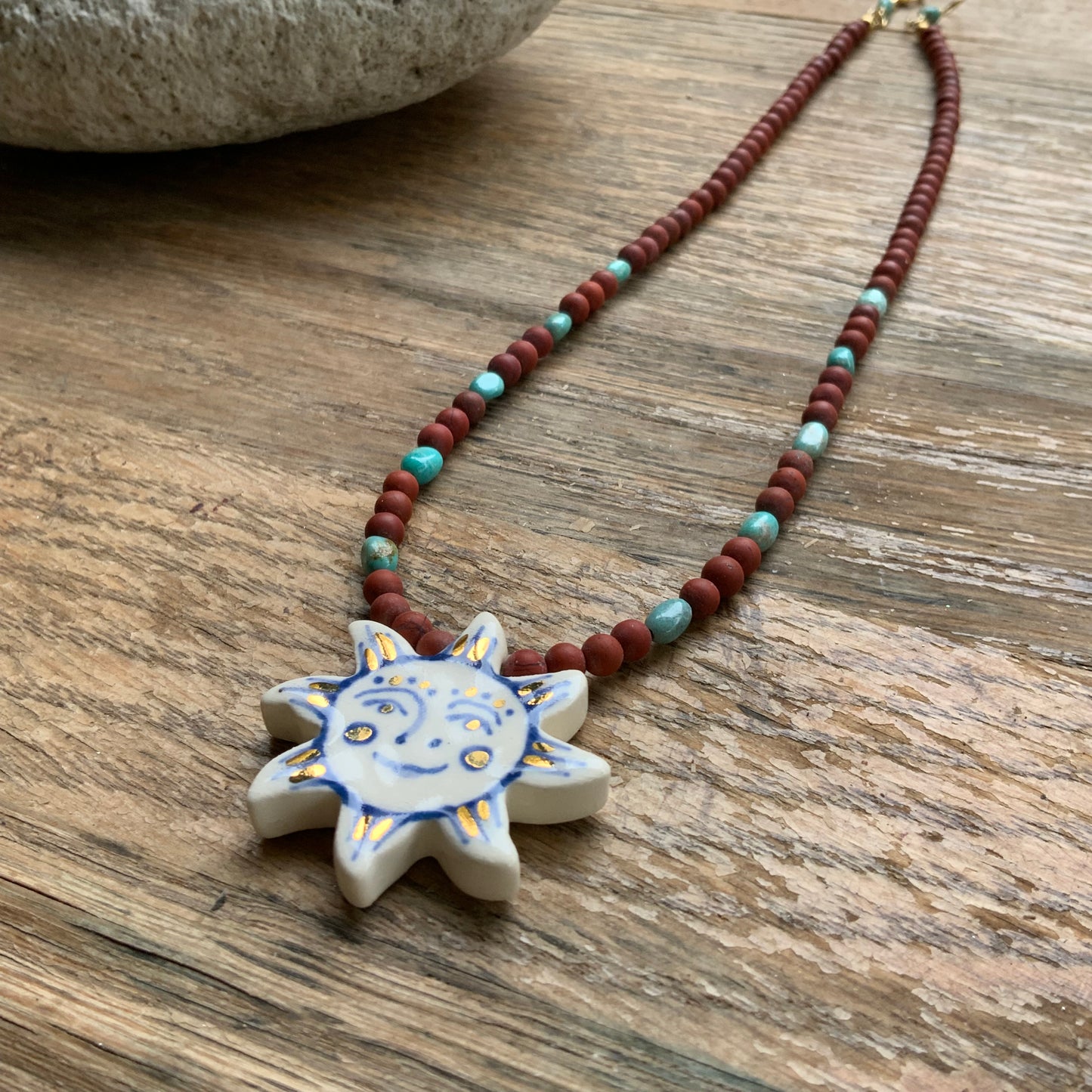 Ceramic sun and matte red jasper necklace