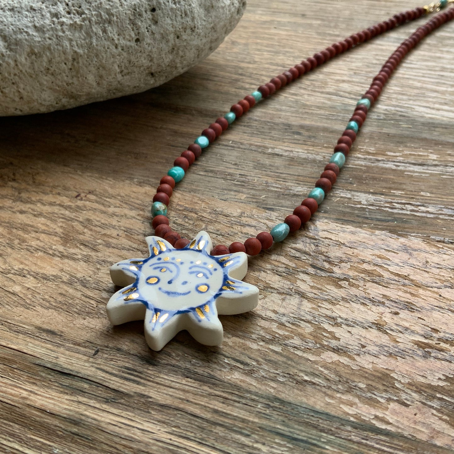 Ceramic sun and matte red jasper necklace