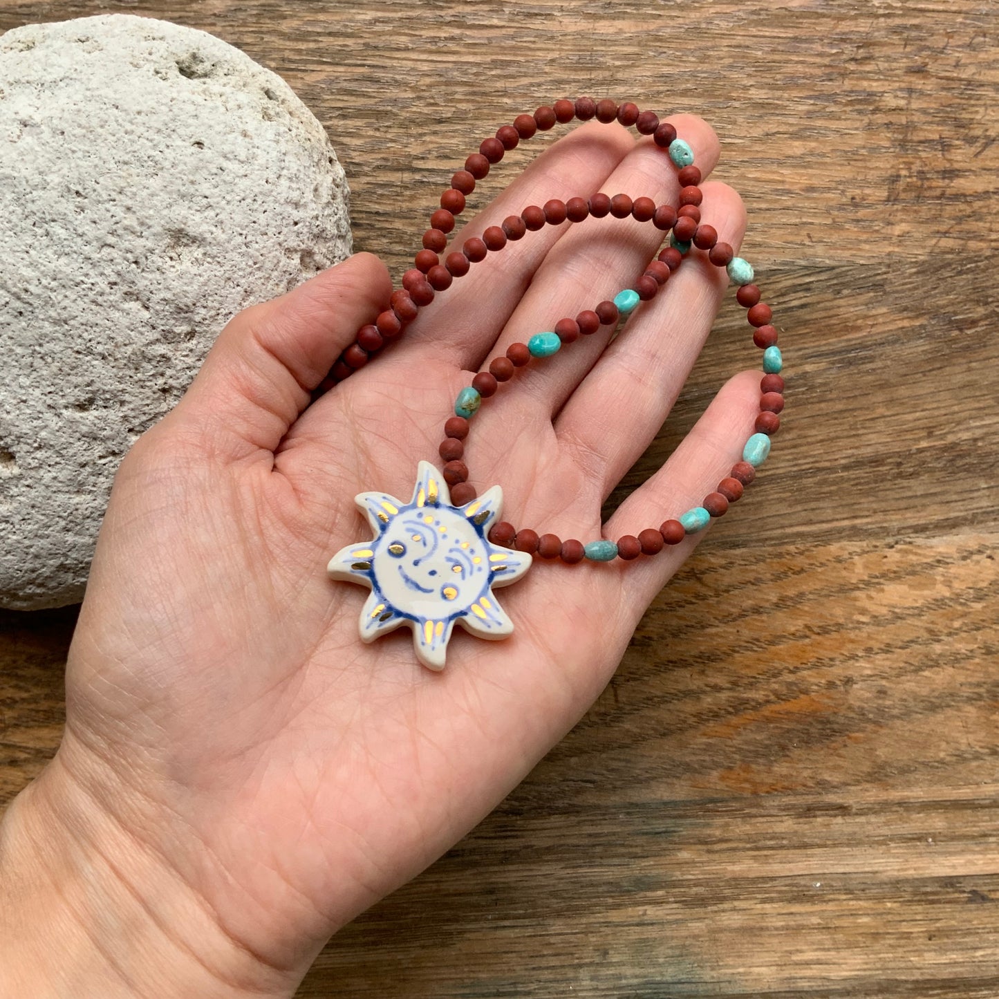Ceramic sun and matte red jasper necklace