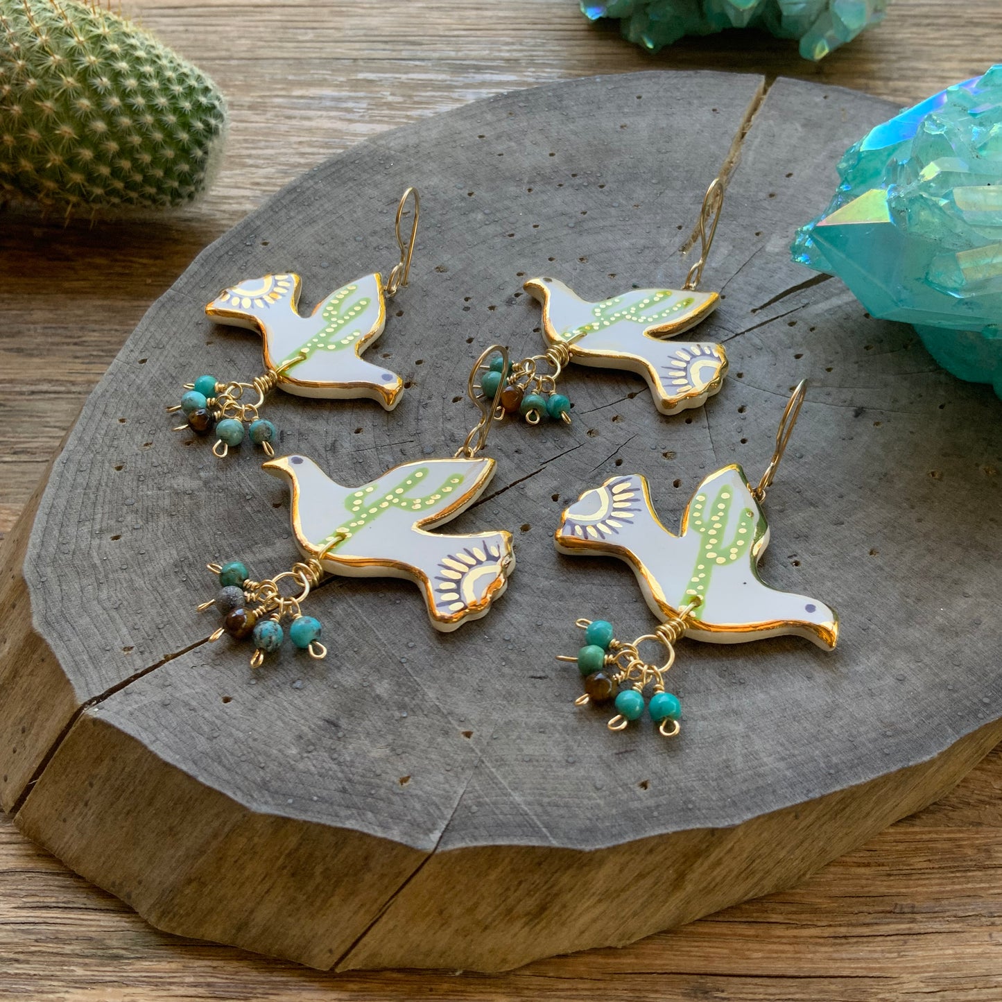 Ceramic Saguaro Cactus Pajarito and genuine turquoise cluster earrings