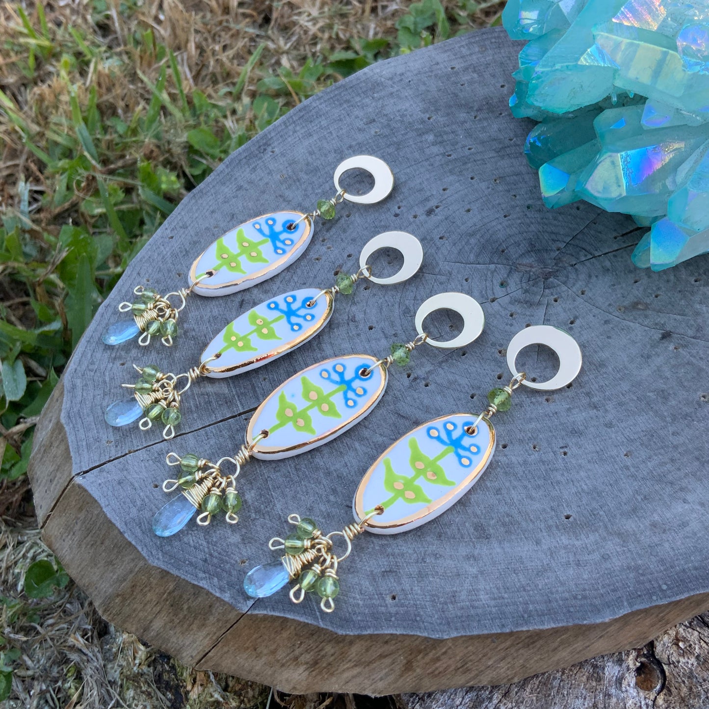 Modern Ceramic Blue Bonnet bead and Gemstone cluster earrings