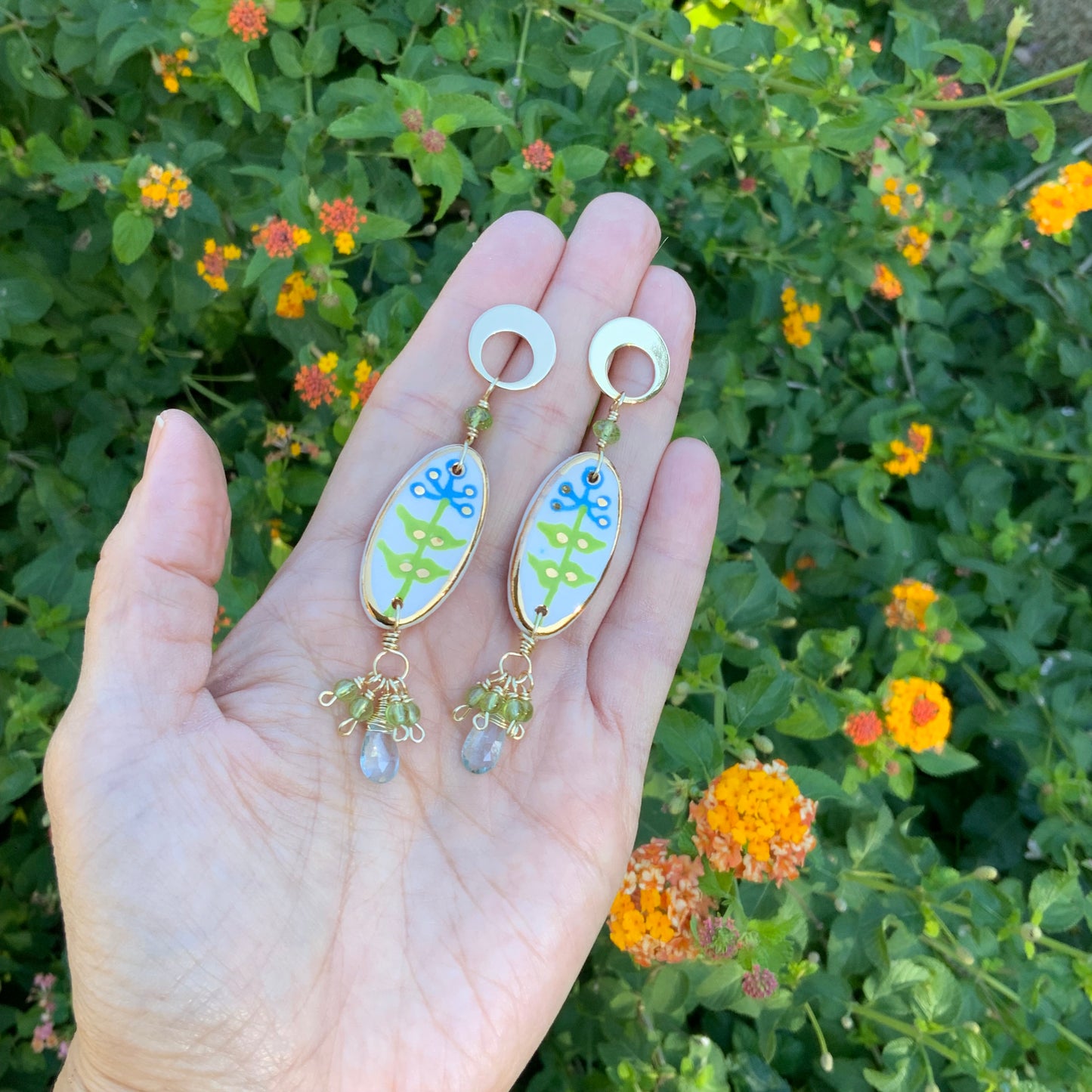 Modern Ceramic Blue Bonnet bead and Gemstone cluster earrings