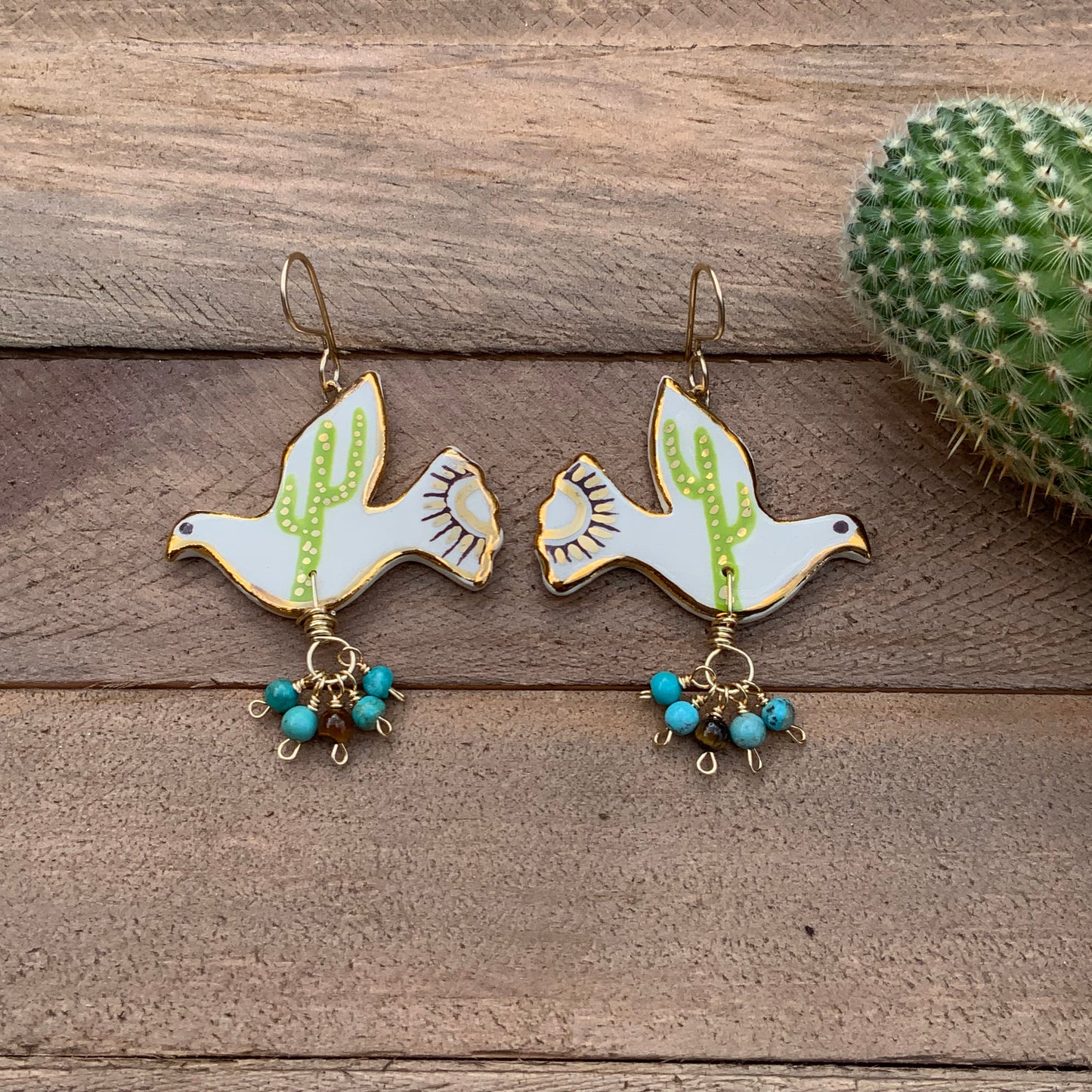 Ceramic Saguaro Cactus Pajarito and genuine turquoise cluster earrings