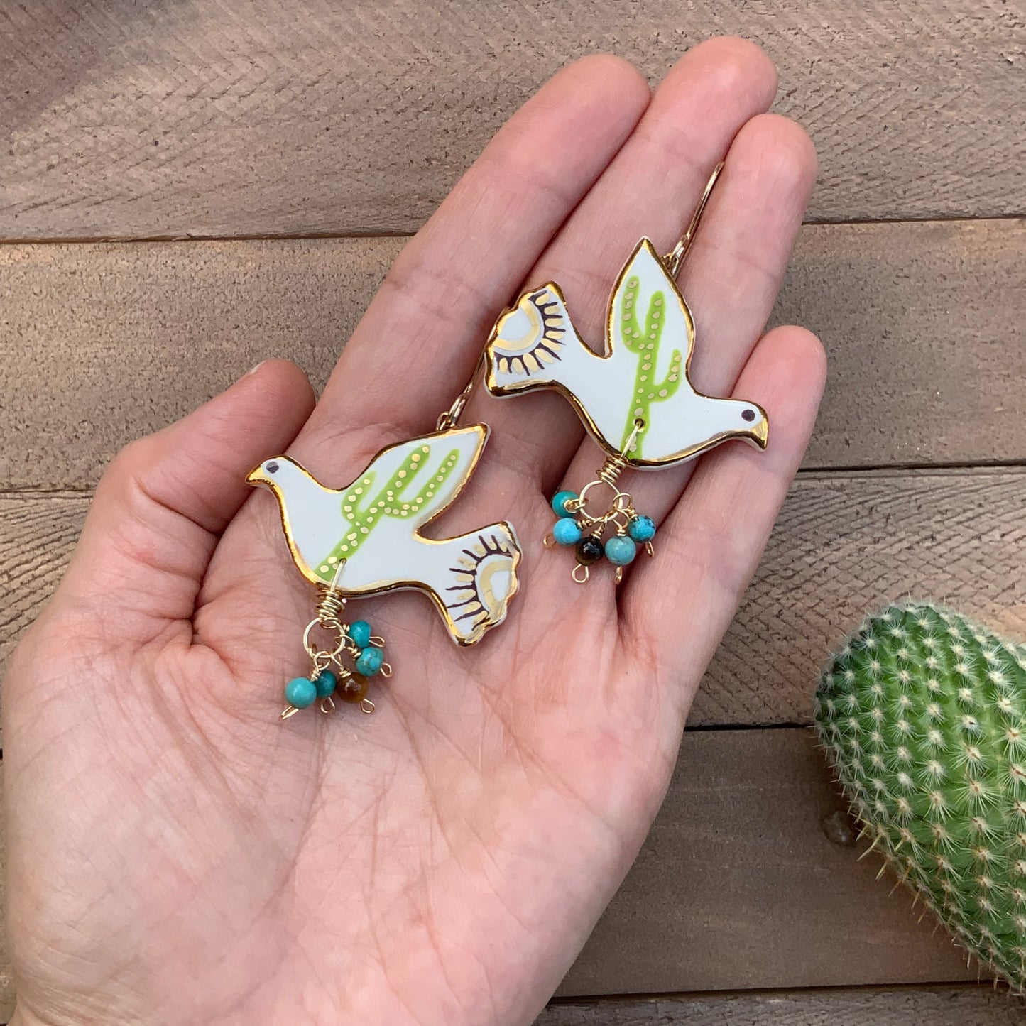 Ceramic Saguaro Cactus Pajarito and genuine turquoise cluster earrings