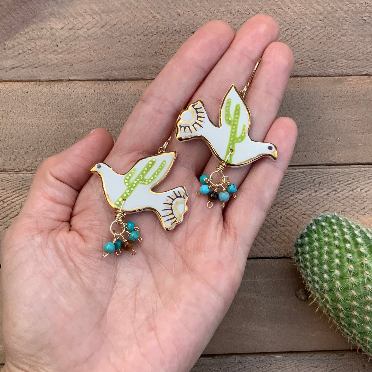 Ceramic Saguaro Cactus Pajarito and genuine turquoise cluster earrings