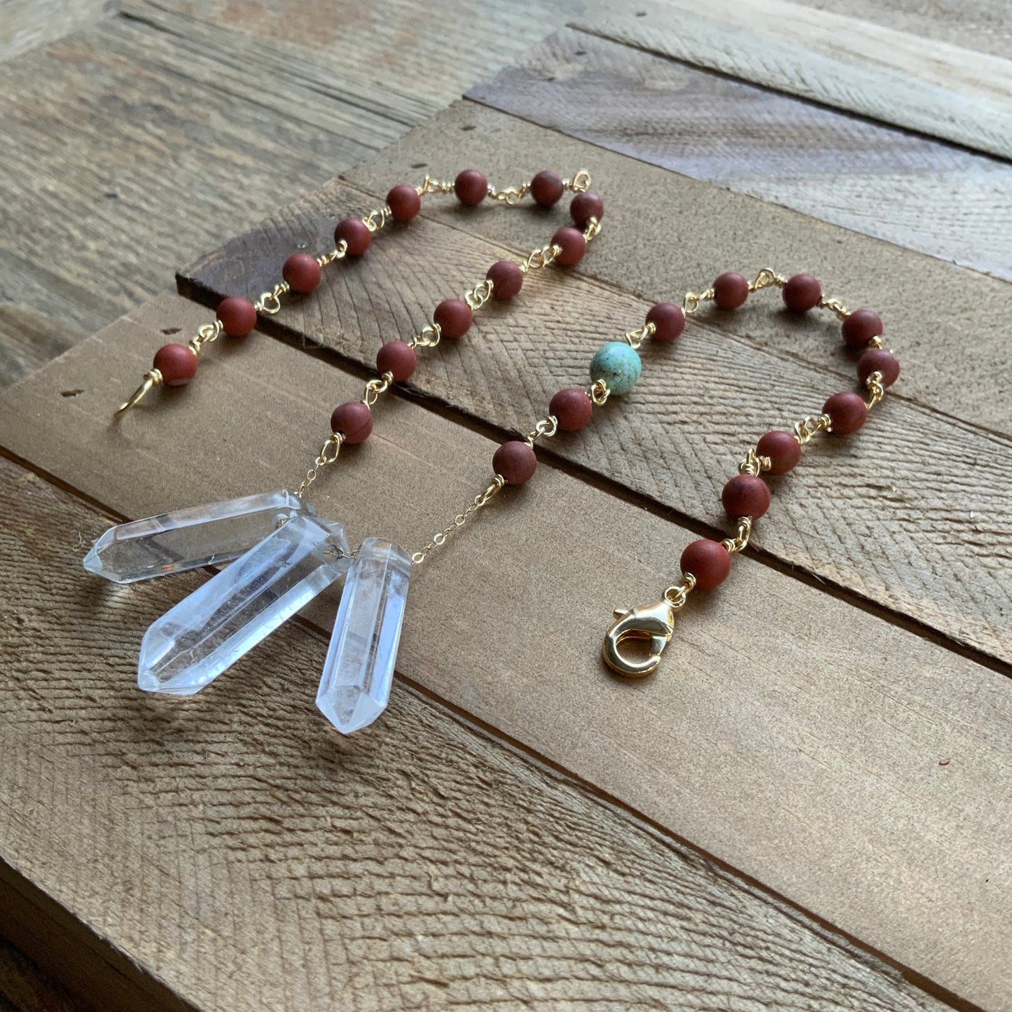 3 Quartz point and matte red jasper necklace