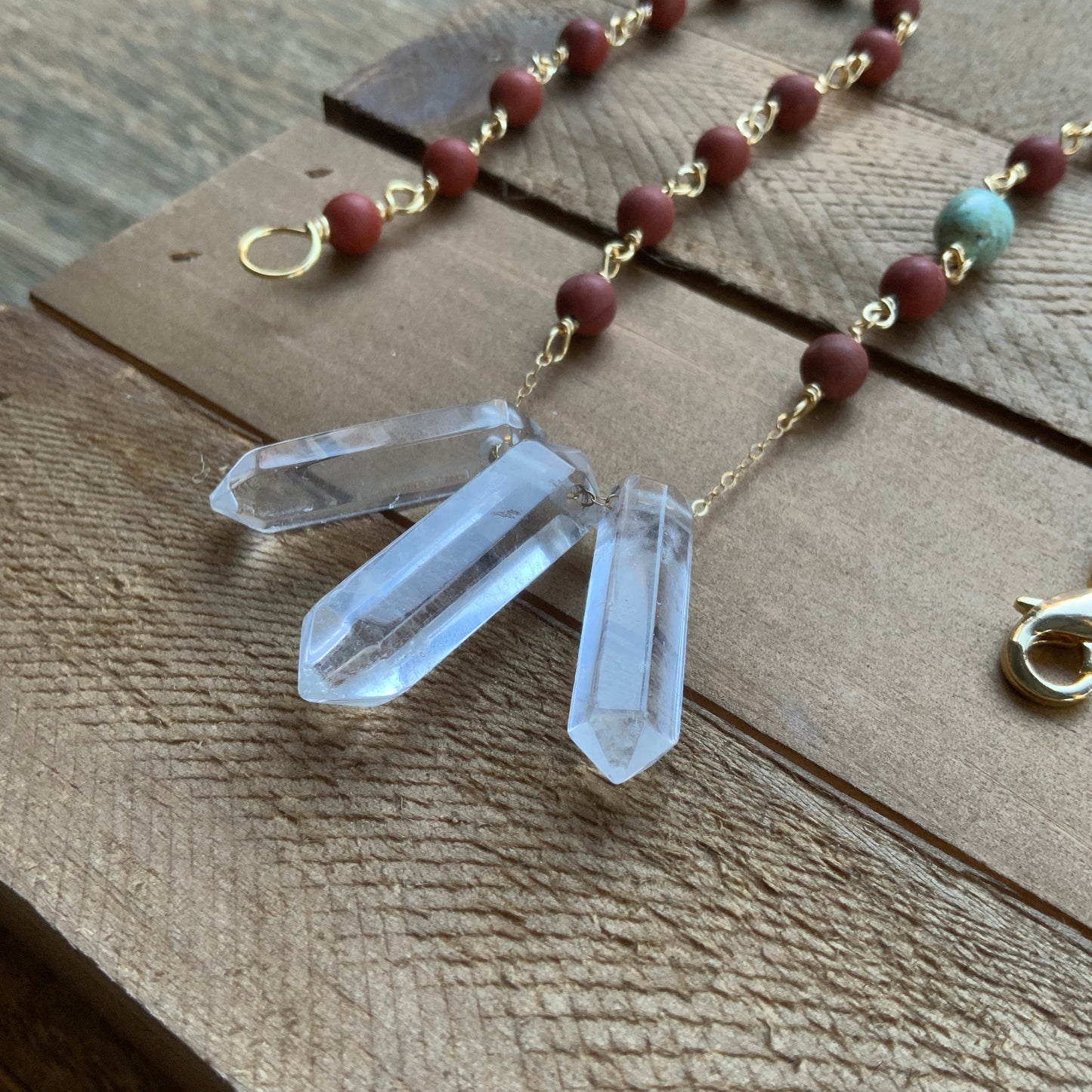 3 Quartz point and matte red jasper necklace