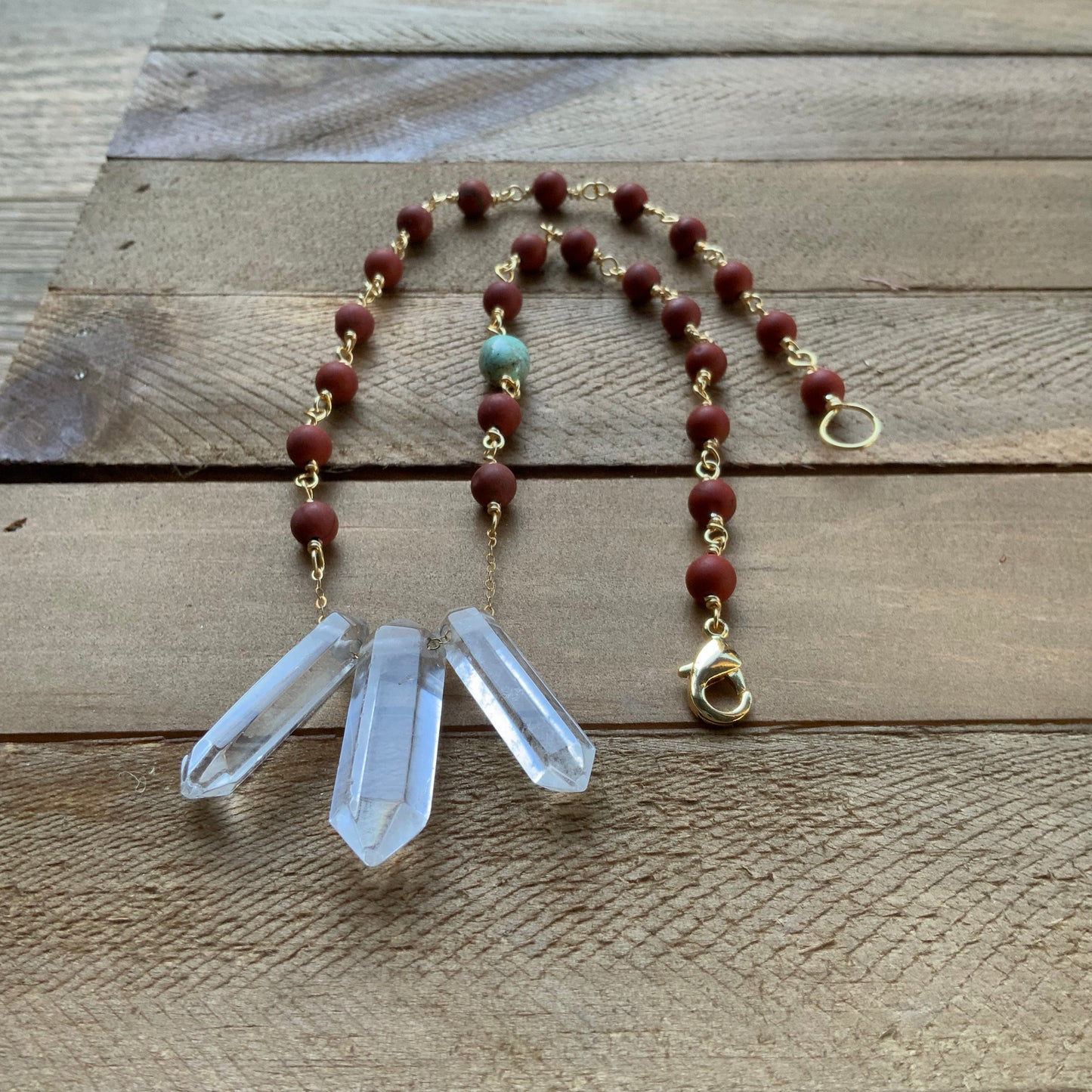 3 Quartz point and matte red jasper necklace