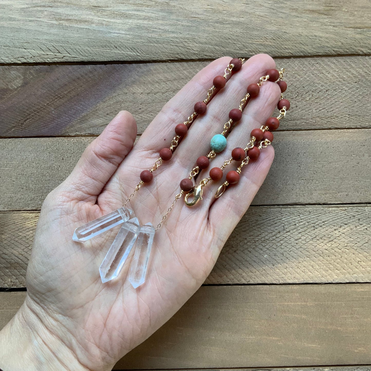 3 Quartz point and matte red jasper necklace