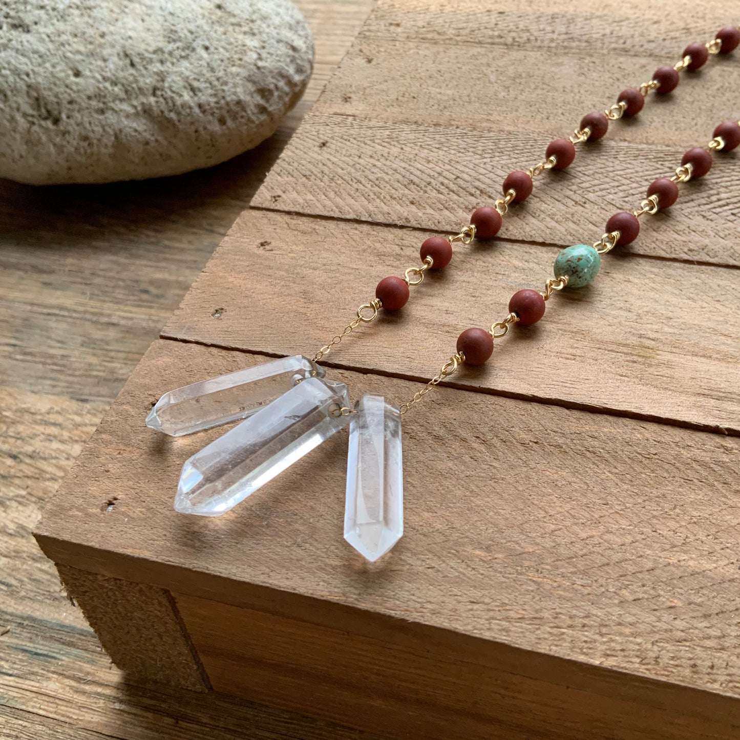 3 Quartz point and matte red jasper necklace