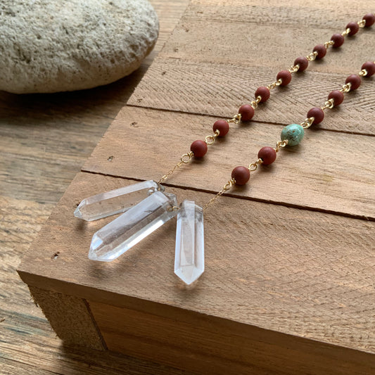 3 Quartz point and matte red jasper necklace