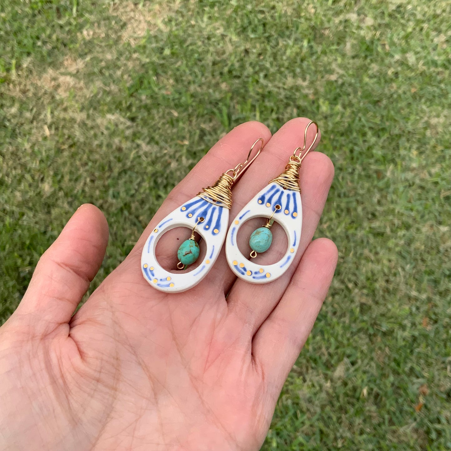 Ceramic Tribal drop and turquoise nugget earrings