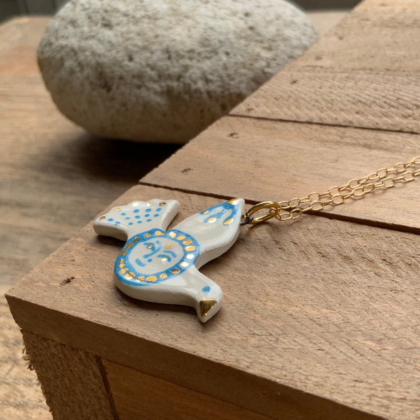 Ceramic Blue Lady pajarito Charm Necklace