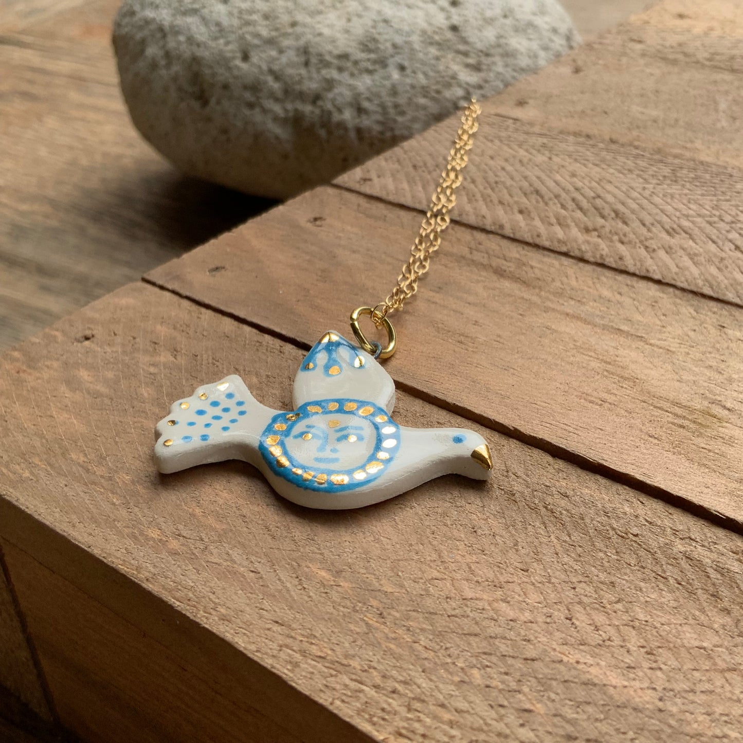 Ceramic Blue Lady pajarito Charm Necklace