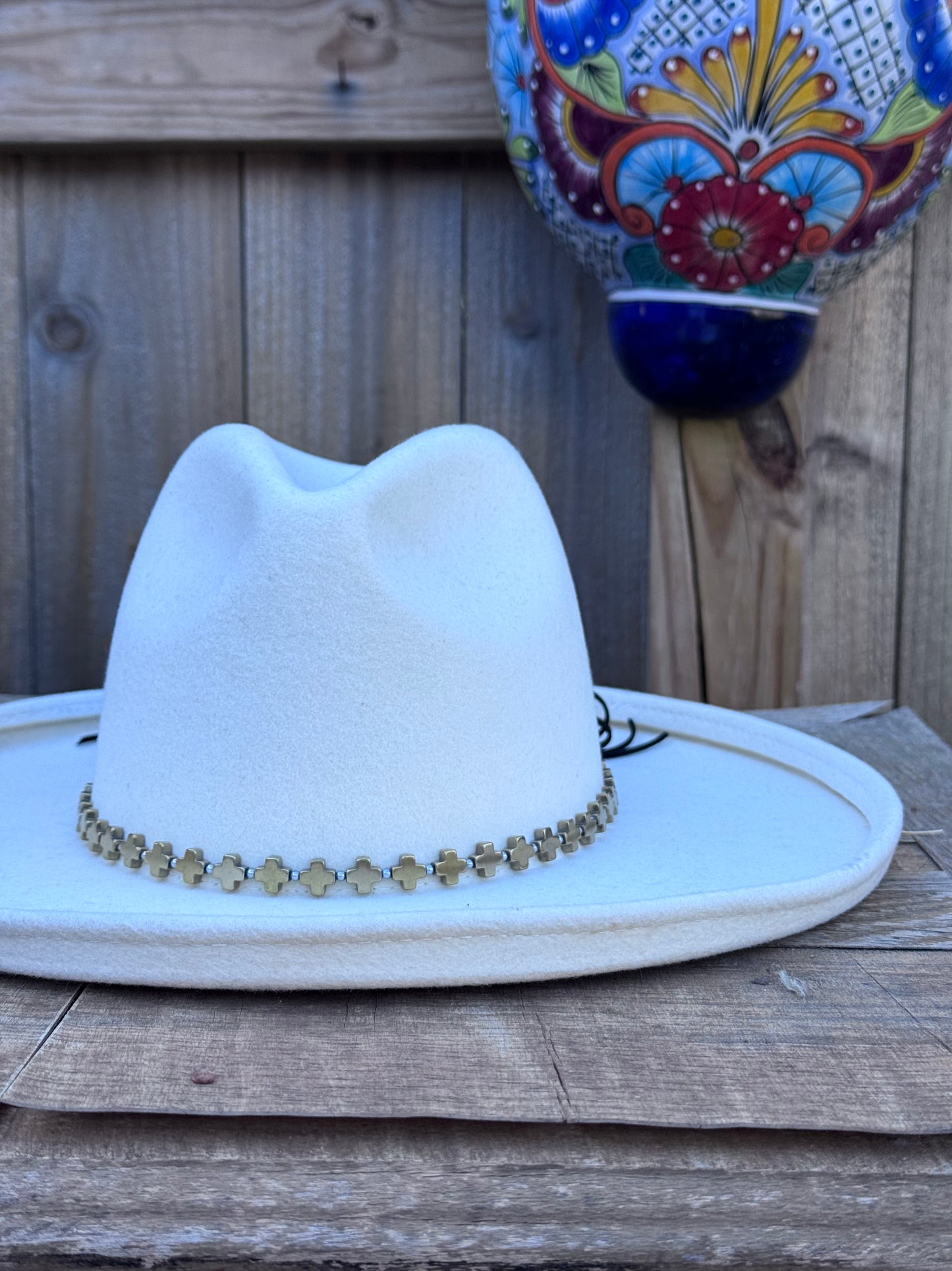 Golden hematite cross hat band, gold stone cross hat band