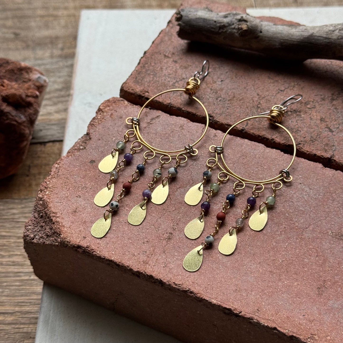 Desert Rain Dusters – Multi Gemstone Shoulder Duster Earrings, Silver Tone Hoop Fringe Earrings, Southwestern Boho