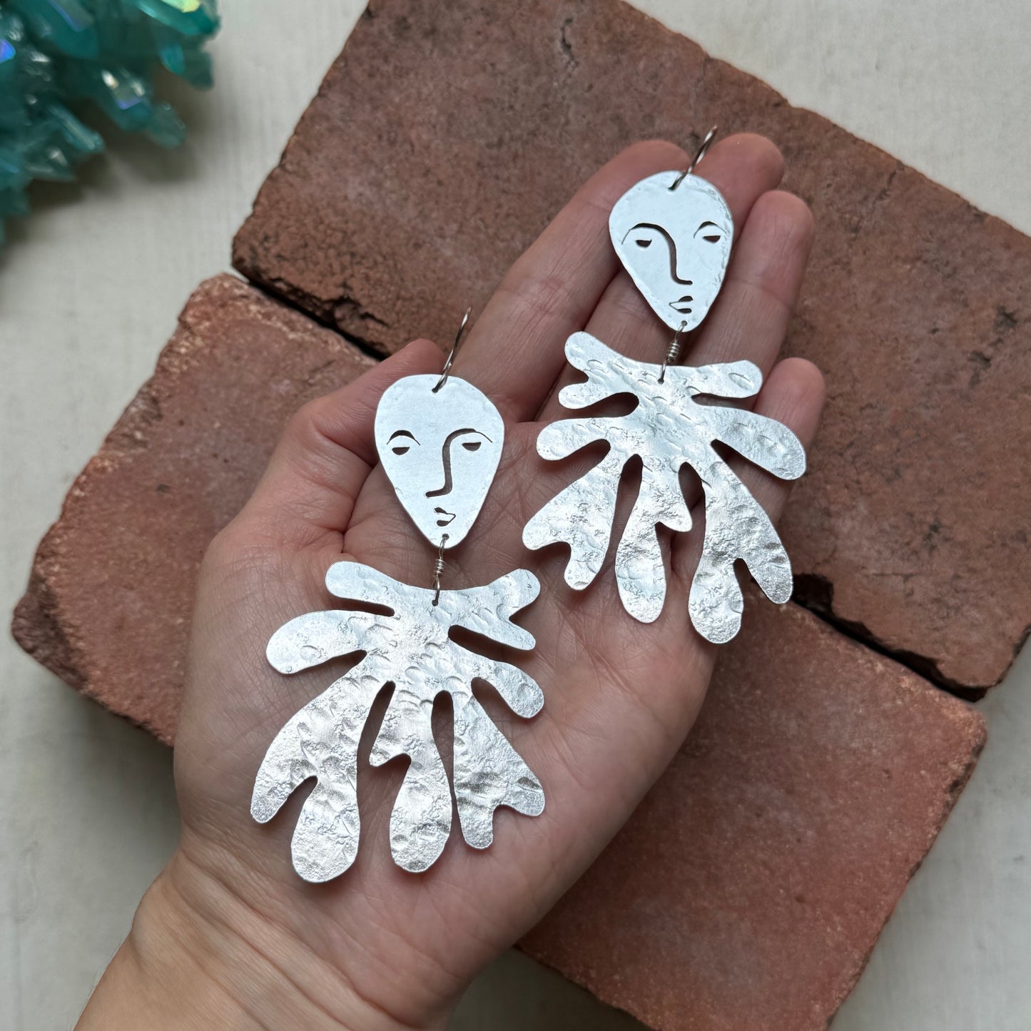 Handmade Surreal Face & Laurel Earrings: Brass Dangle Earrings