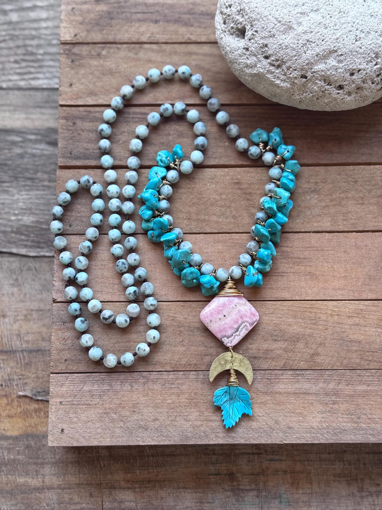 Kiwi Jasper, Rhodochrosite and carved turquoise leaf necklace, extra long length