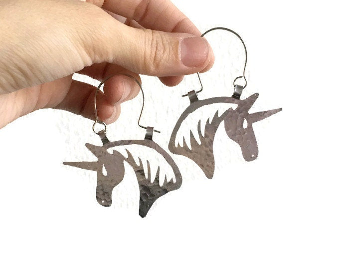 Handmade Unicorn Hoop Earrings: Aluminum or Copper