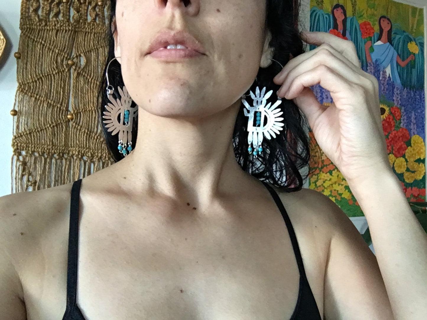 petroglyph earrings, tribal beaded hoop earrings