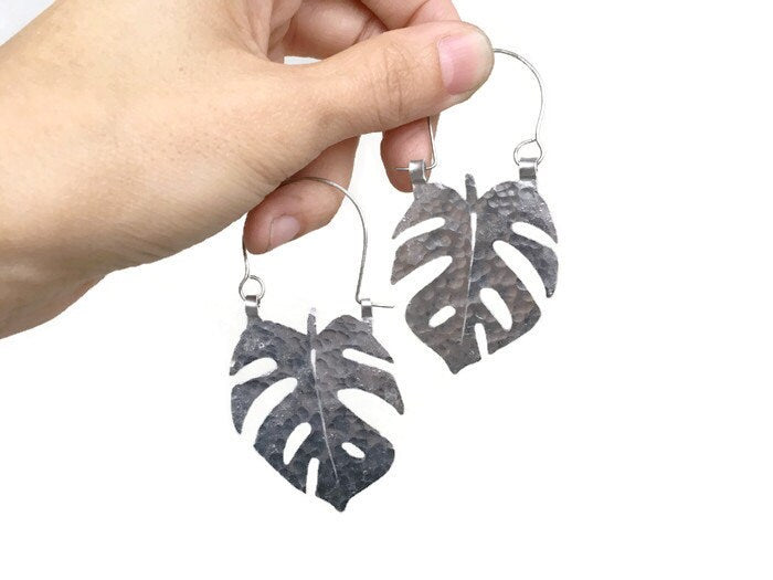 Handmade Monstera Leaf Hoop Earrings: Brass Tropical Jewelry