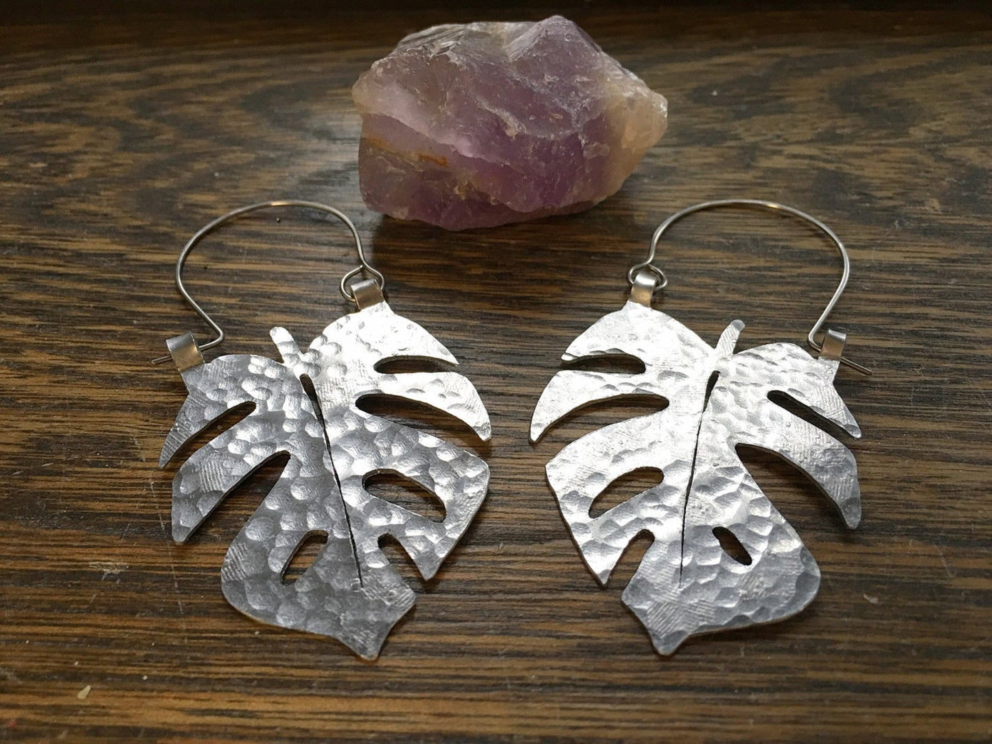 Handmade Monstera Leaf Hoop Earrings: Brass Tropical Jewelry