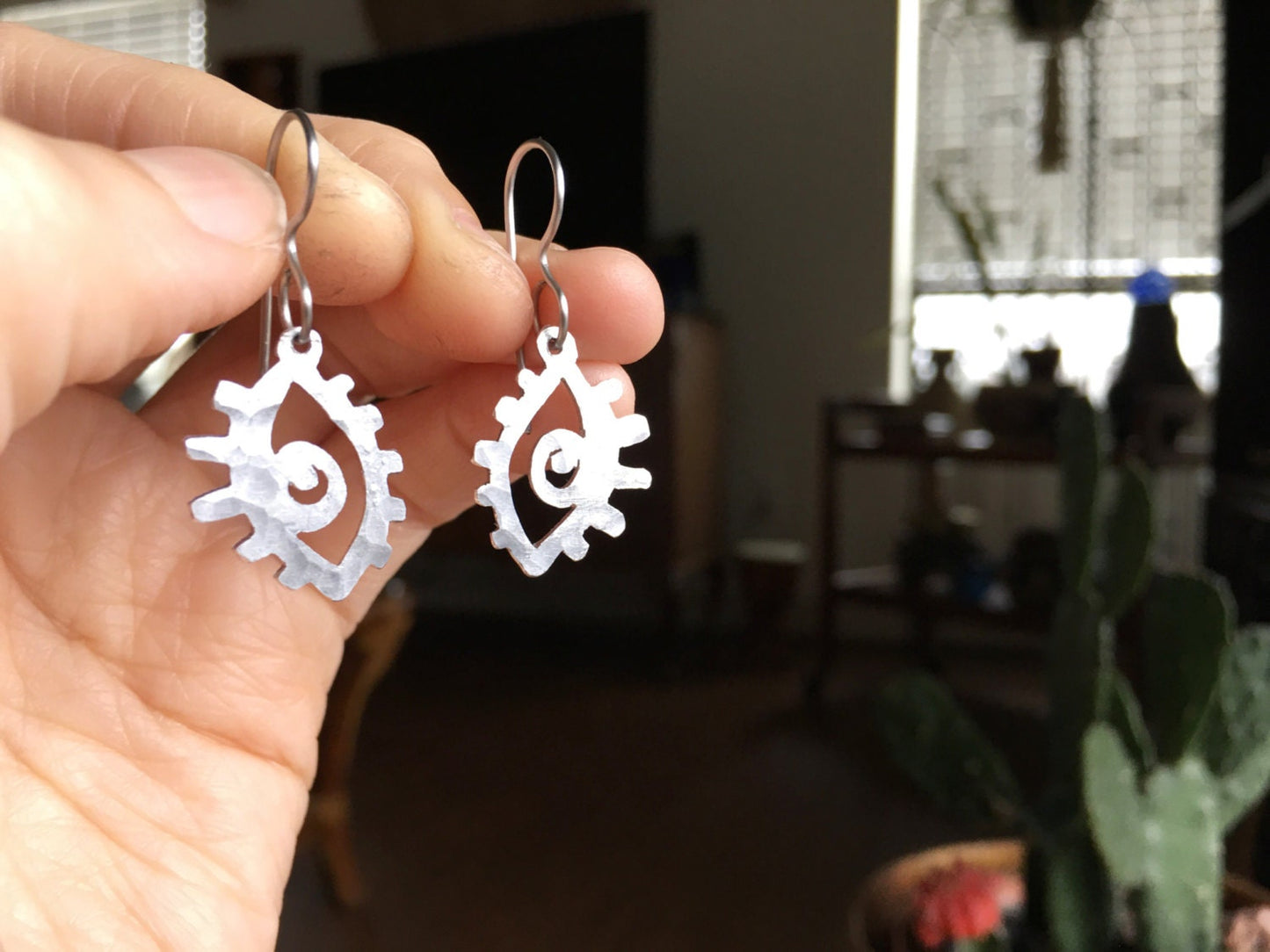 Handmade Aluminum Eye Dangle Earrings: Small Metal Ojo Jewelry