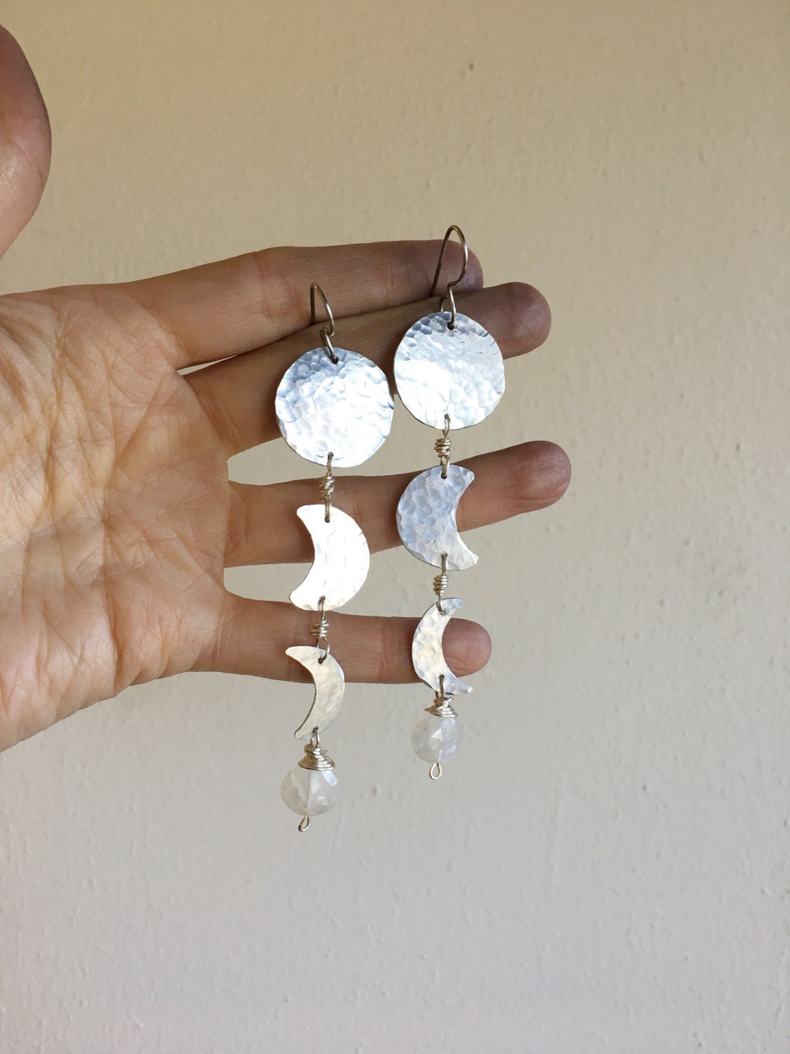 Handmade Moon Phase Earrings: Turquoise Dangle, Hammered Metal