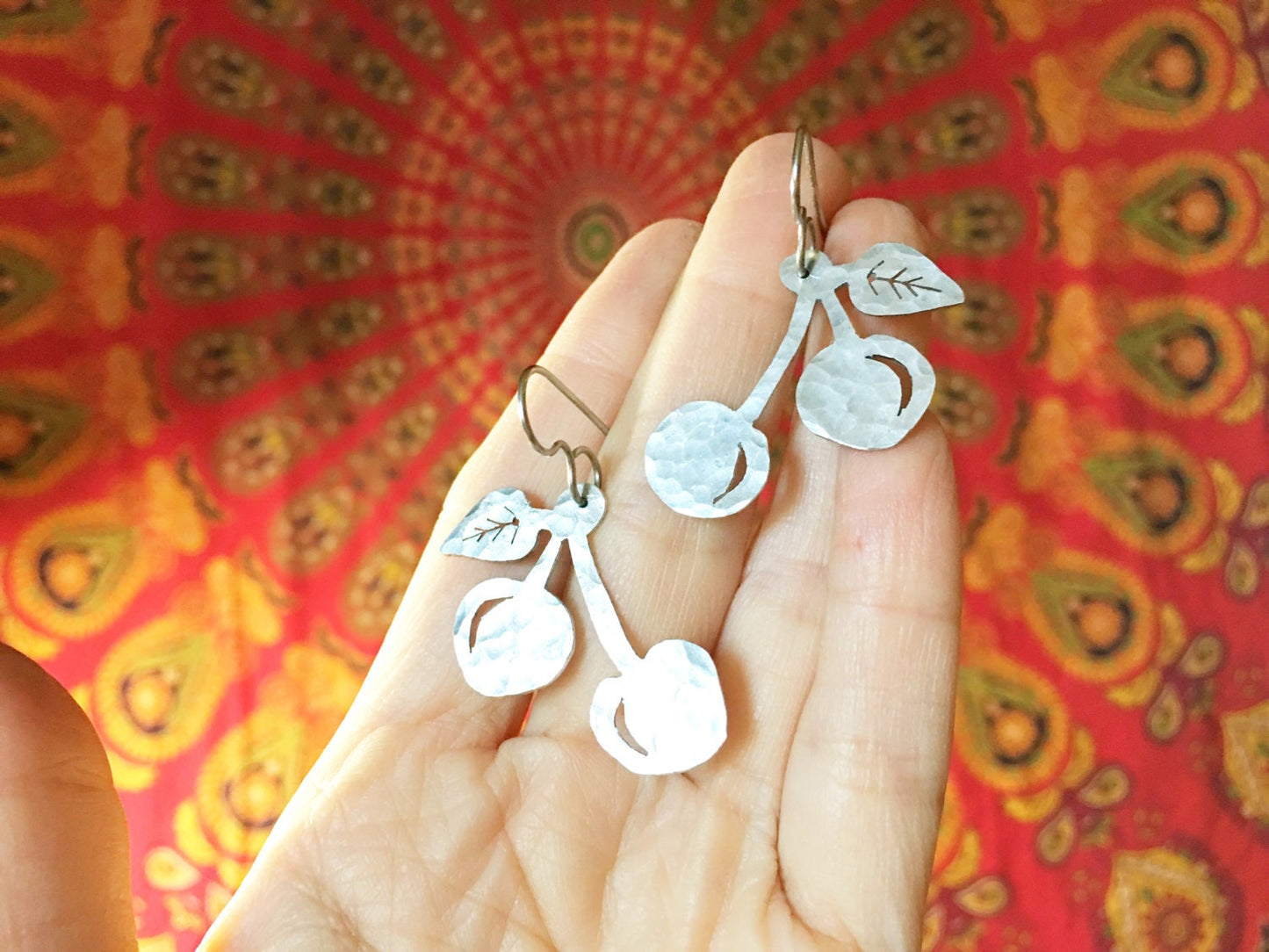 Handmade Metal Cherry Dangle Earrings: Fruit Jewelry