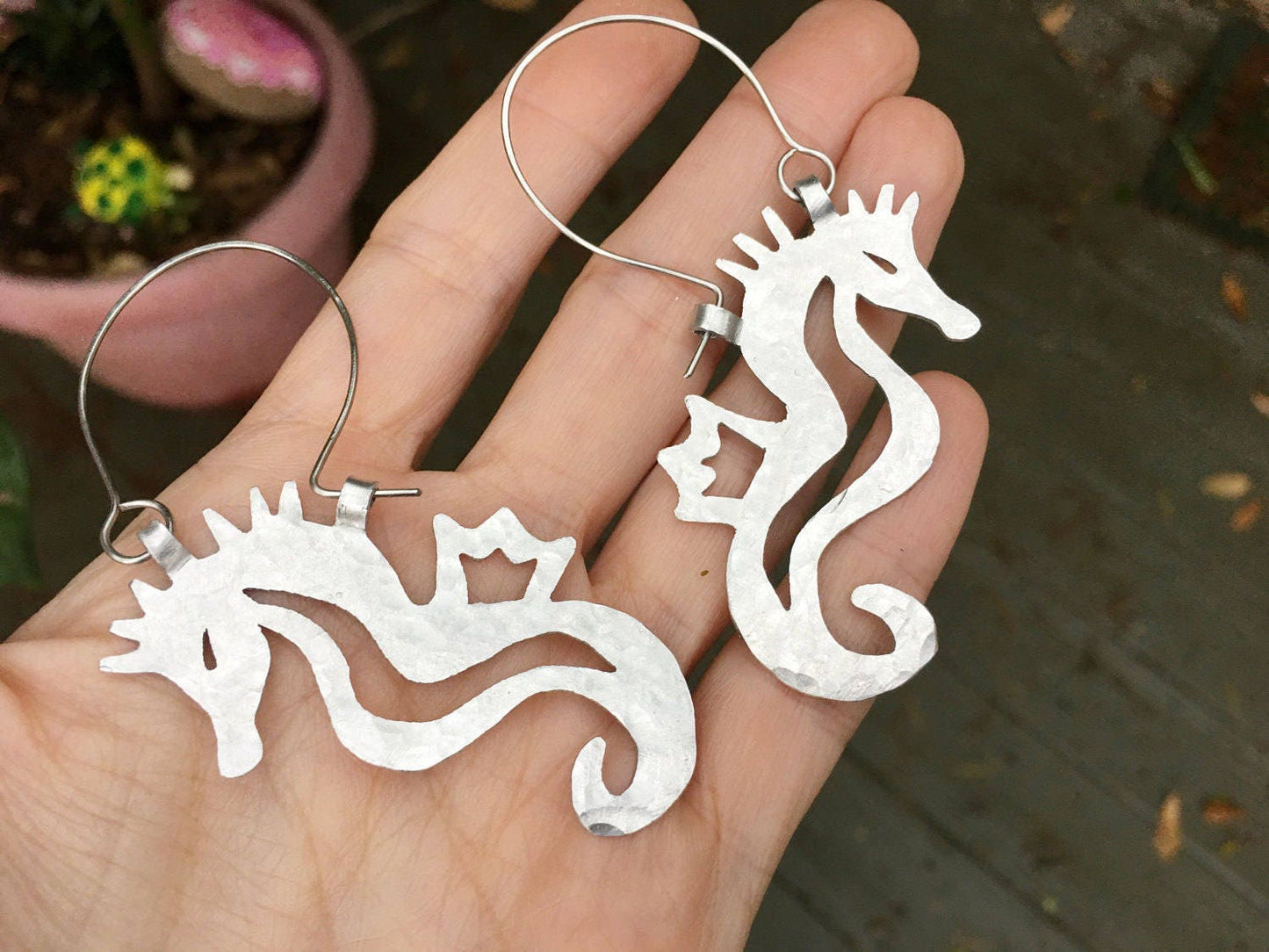 Seahorse earrings, metal seahorse hoop earrings, hammered aluminum  hoop earrings