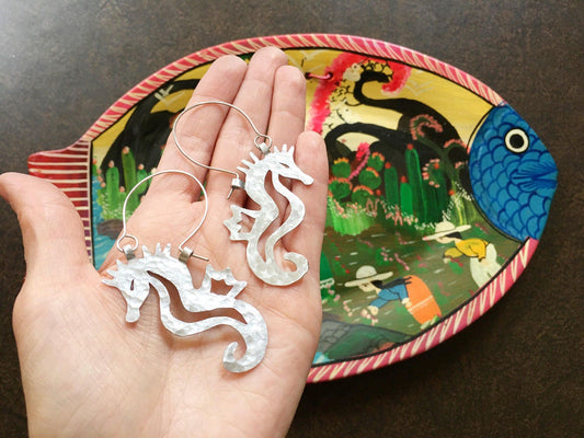 Seahorse earrings, metal seahorse hoop earrings, hammered aluminum  hoop earrings