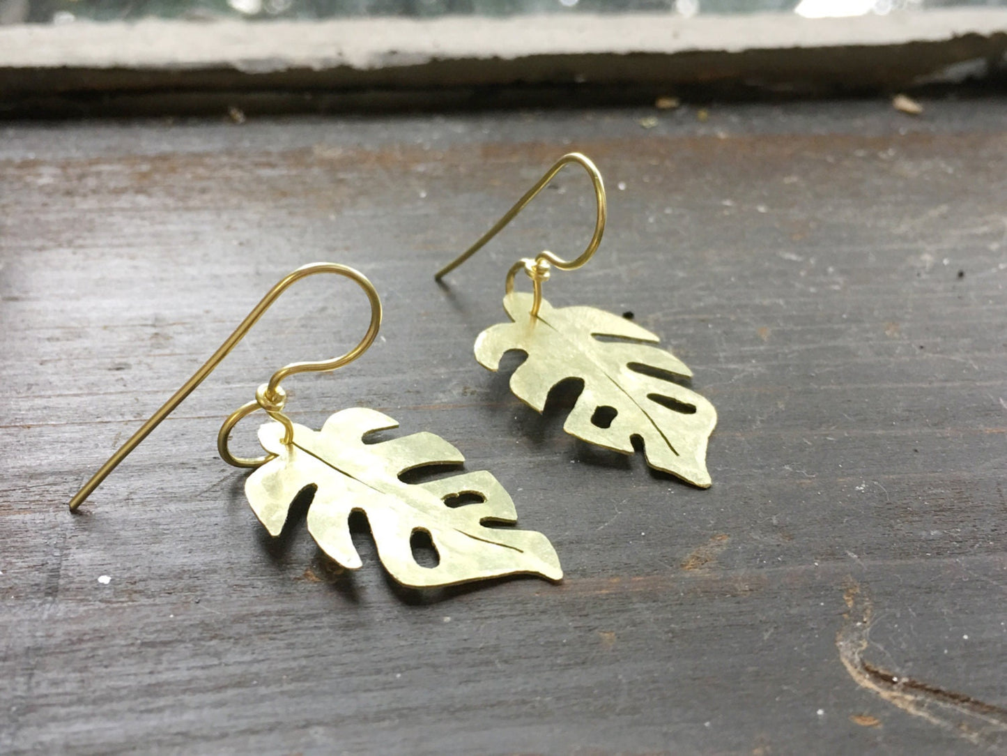 Handmade Brass Monstera Leaf Earrings: Tropical Jewelry