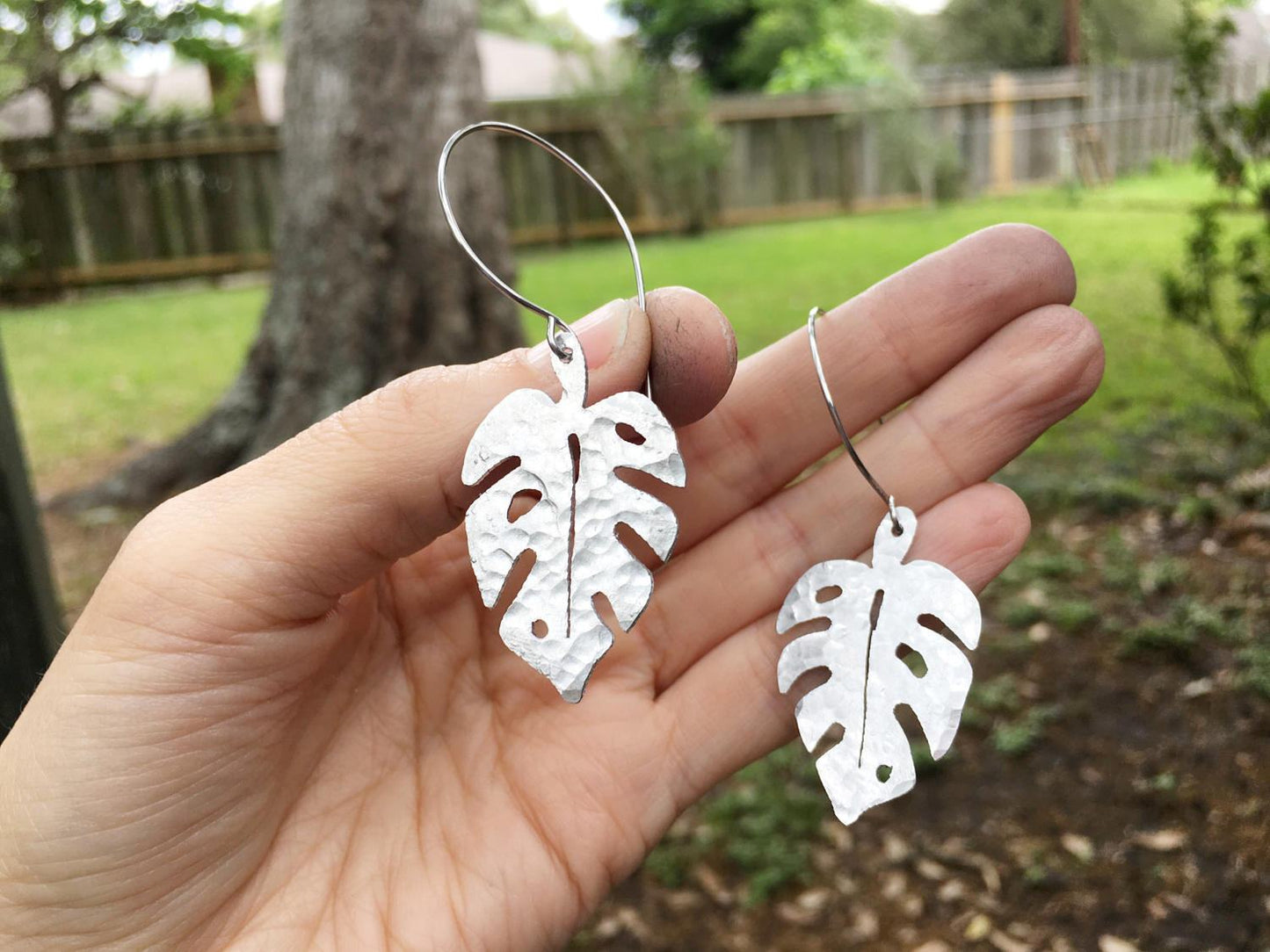 Handmade Monstera Leaf Earrings: Hammered Metal Foliage
