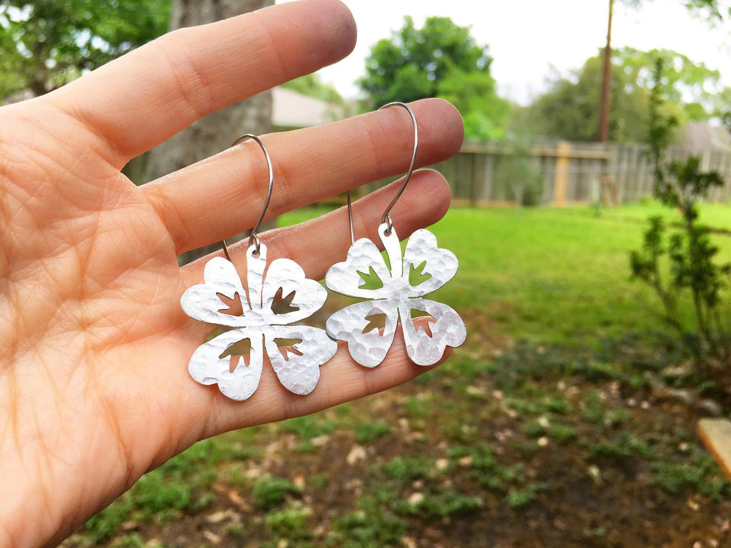 Handmade Four Leaf Clover Earrings: Hammered Metal Hoop Earrings