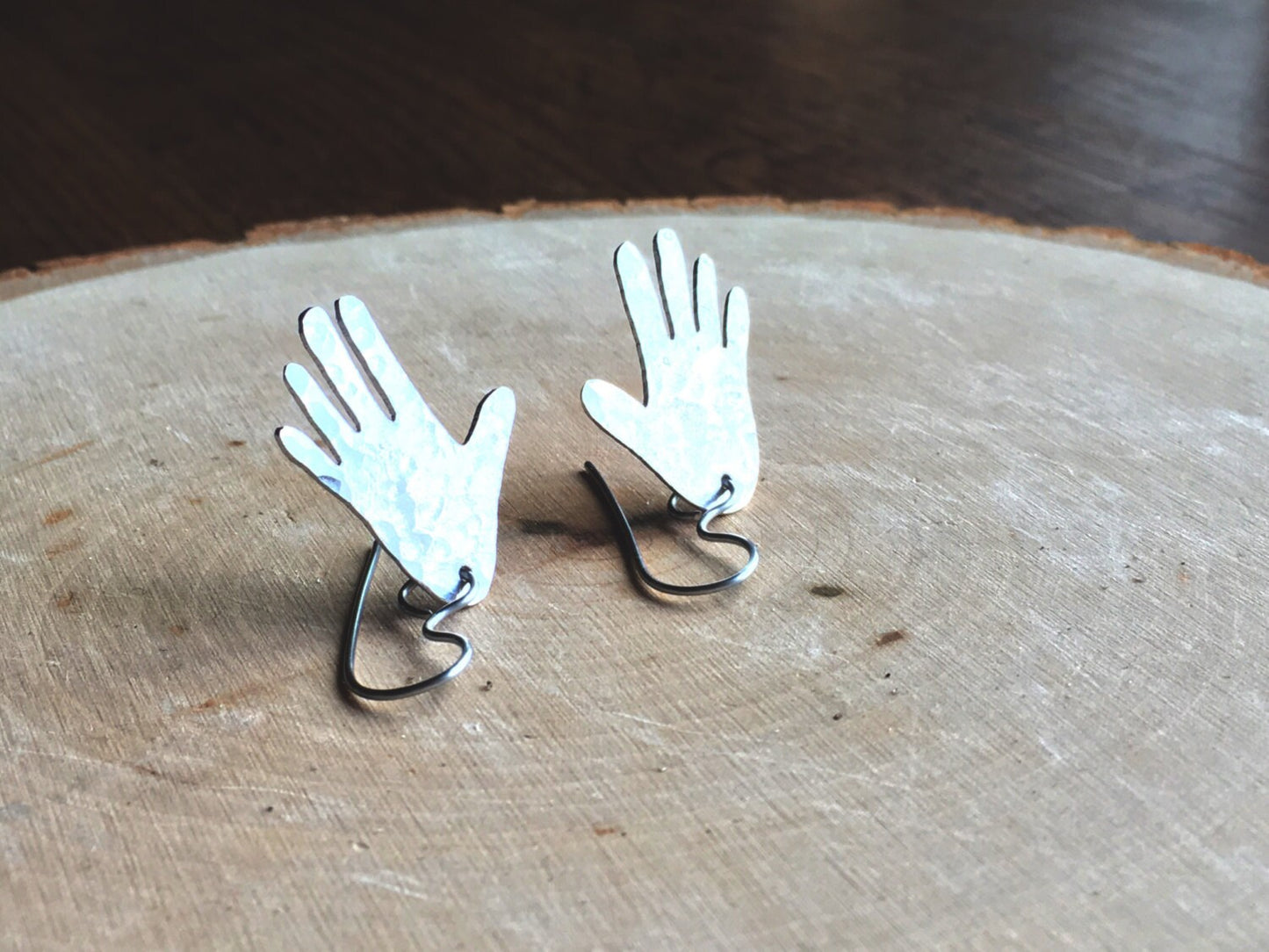 Handmade Metal Hand Earrings: Hammered Aluminum Dangle Jewelry