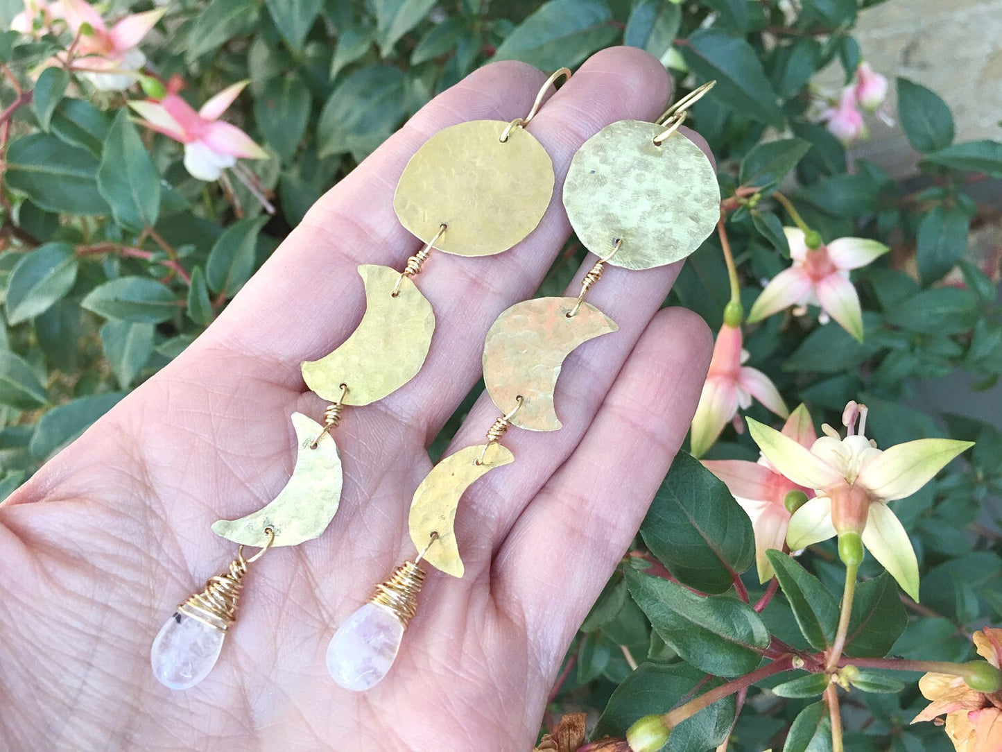 Handmade Moon Phase Earrings: Turquoise Dangle, Hammered Metal