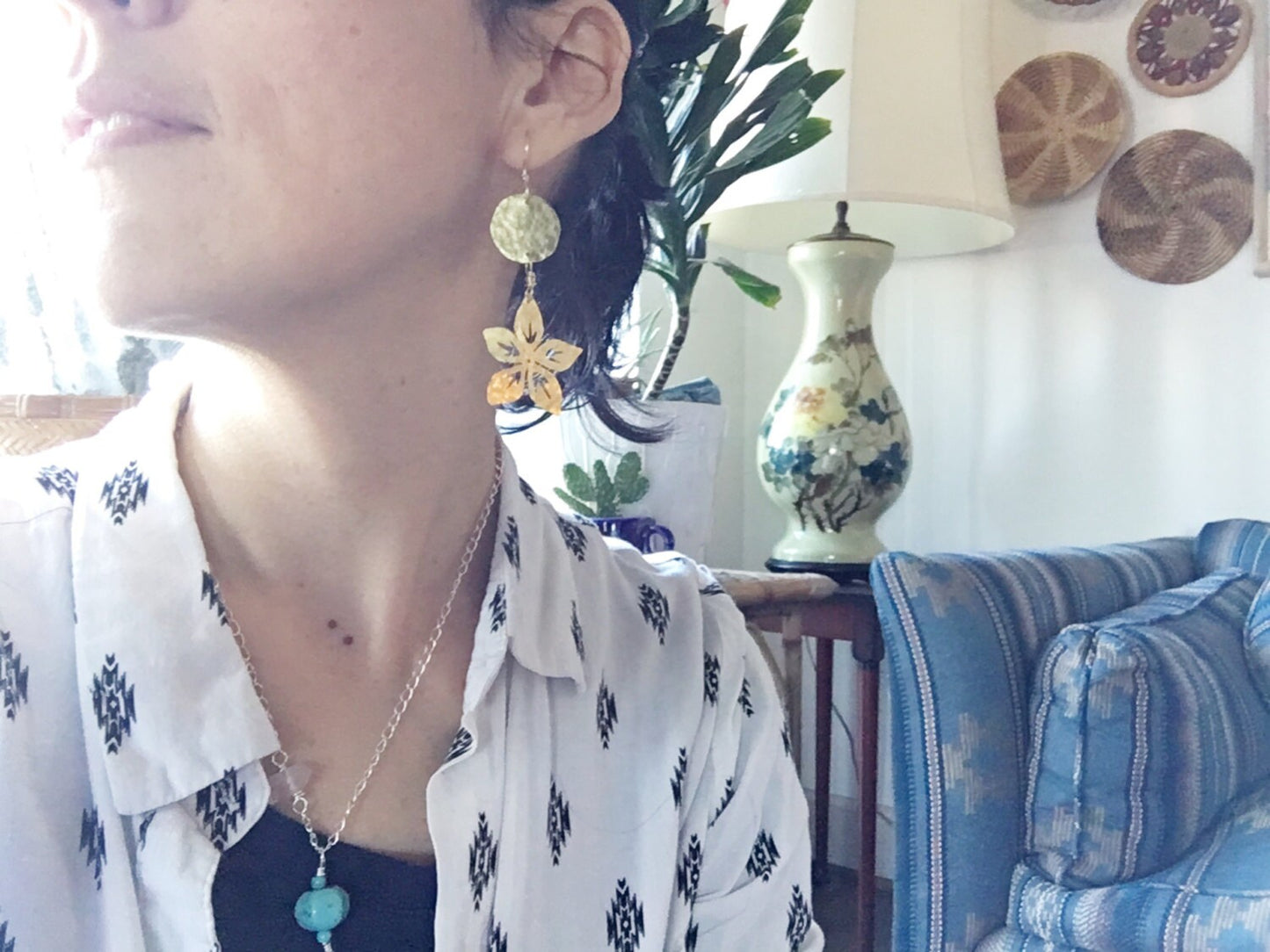 Handmade Metal Flower Earrings: Hammered Brass Dangles