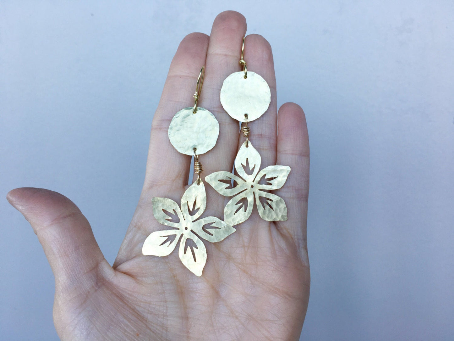 Handmade Metal Flower Earrings: Hammered Brass Dangles