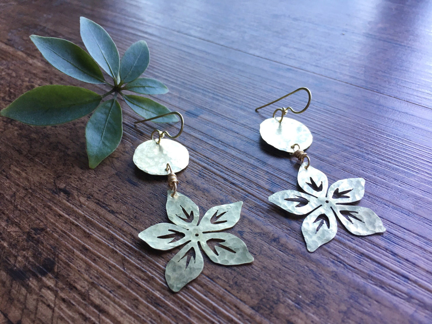 Handmade Metal Flower Earrings: Hammered Brass Dangles