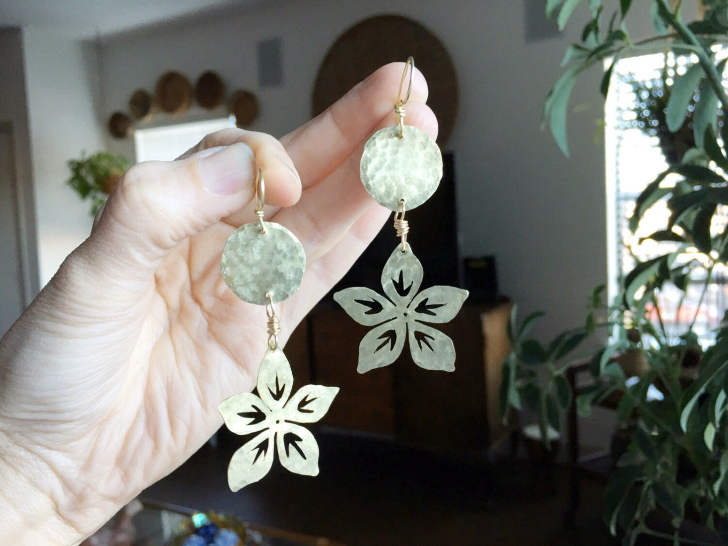 Handmade Metal Flower Earrings: Hammered Brass Dangles