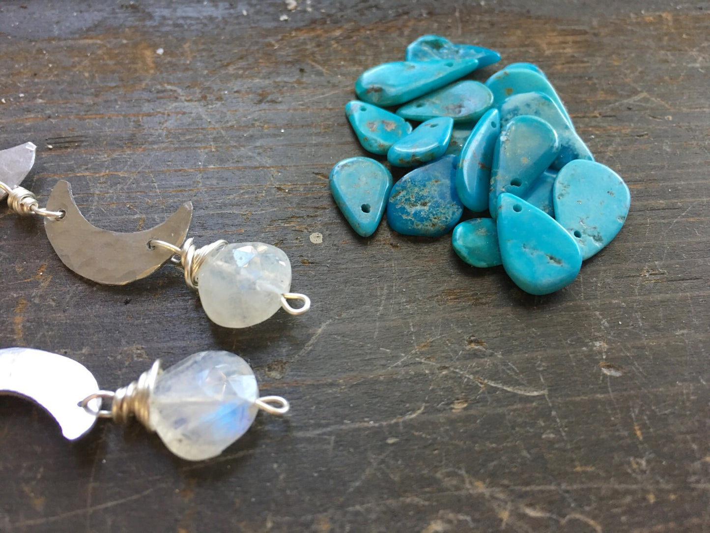 Handmade Moon Phase Earrings: Turquoise Dangle, Hammered Metal