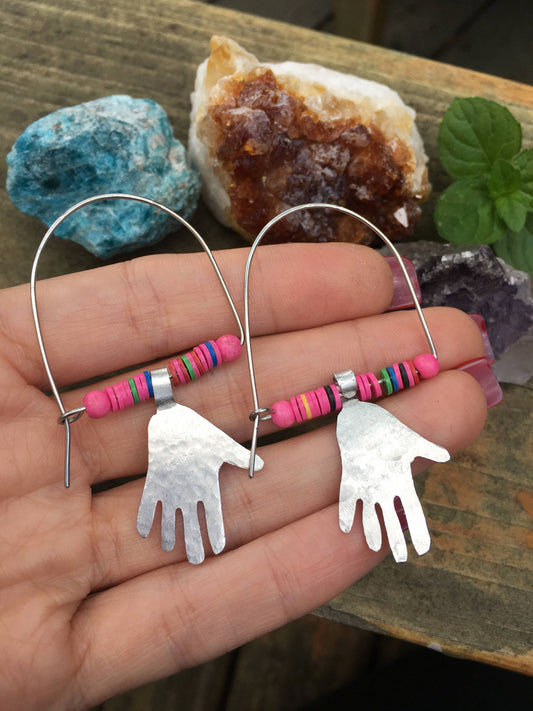 Modern hoop earrings with little hands, modern hoop earrings with pink vinyl beads