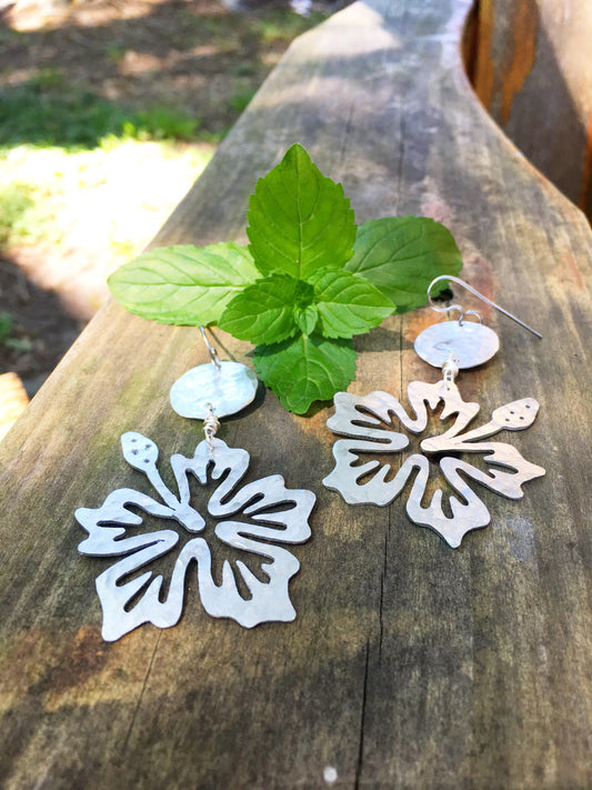 Handmade Hibiscus Flower Dangle Earrings: Aluminum & Copper